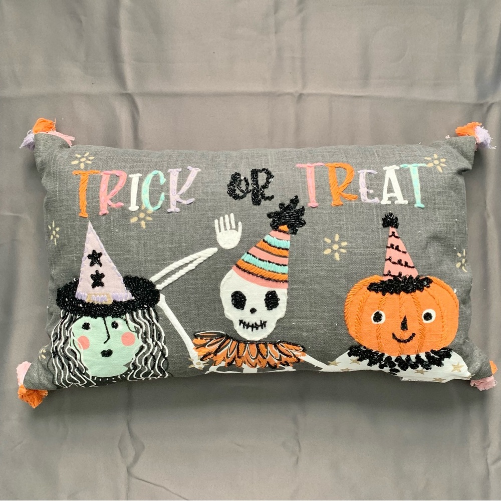 Feelin Spooky Trick Or Treat Skeleton, Witch & Pumpkin Halloween Colorful Pillow